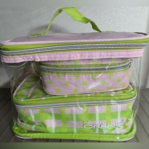The Creme pastel Pink and Green deluxe travel Makeup Organizer case Set 4 pieces